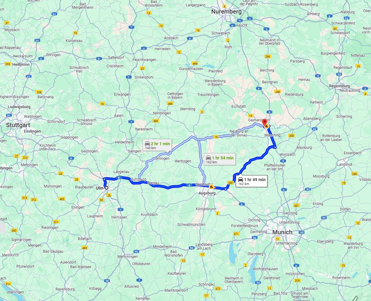 Anreise von Ulm Zu Ingolstadt Über via A8 and B300