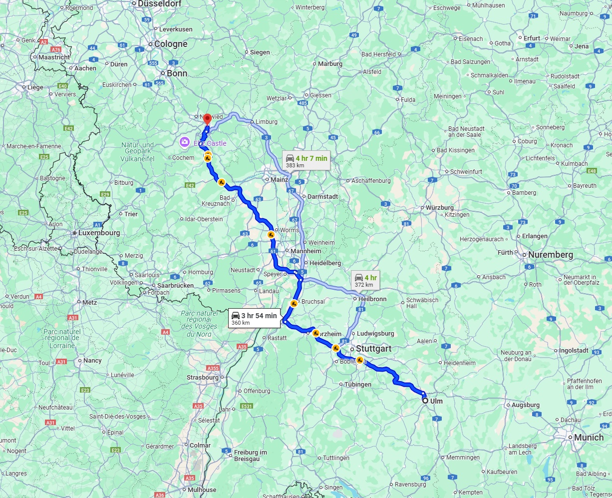 Anreise von Ulm Zu Koblenz Über via A8 and A61