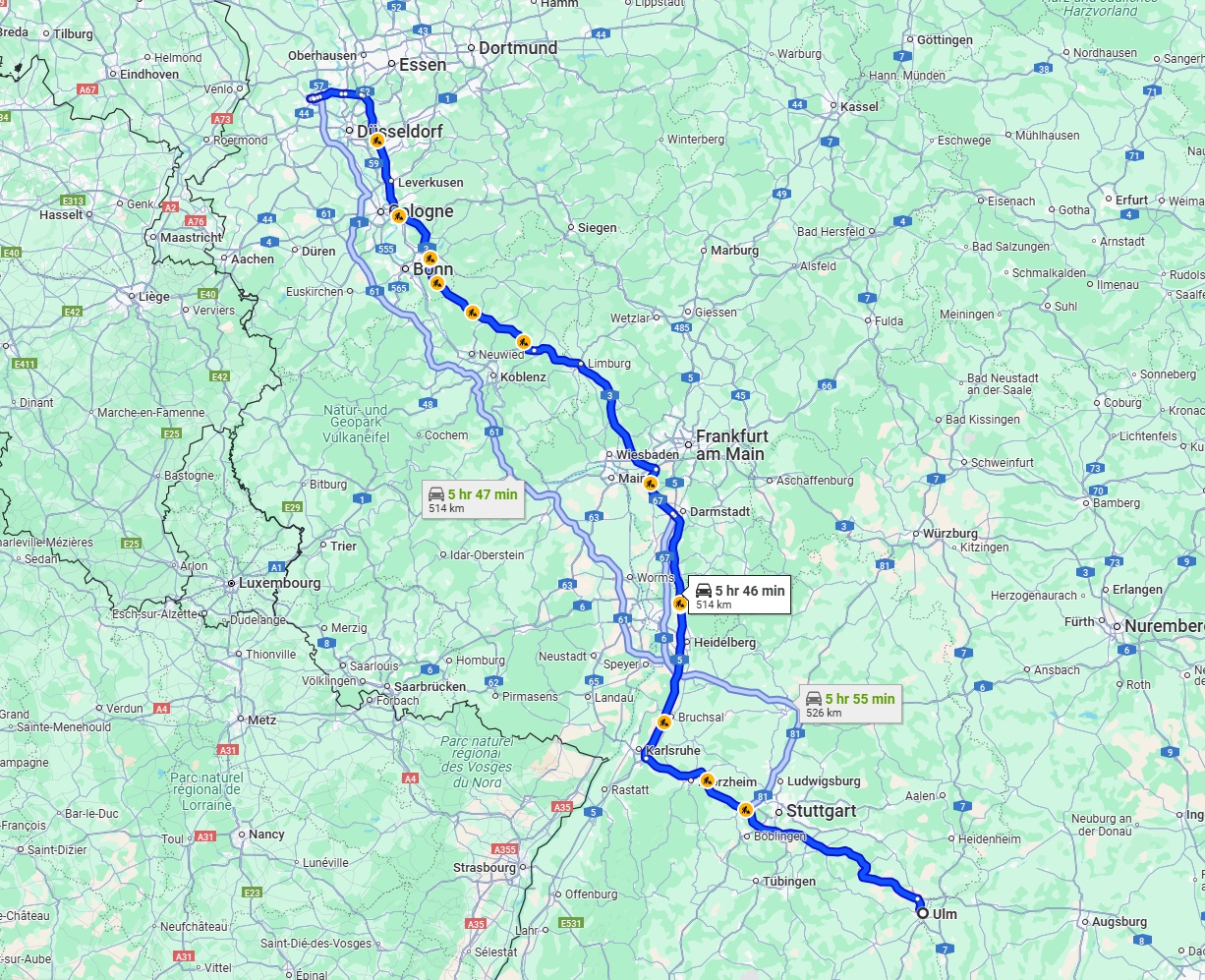 Anreise von Ulm Zu Krefeld Über via A8 and A3