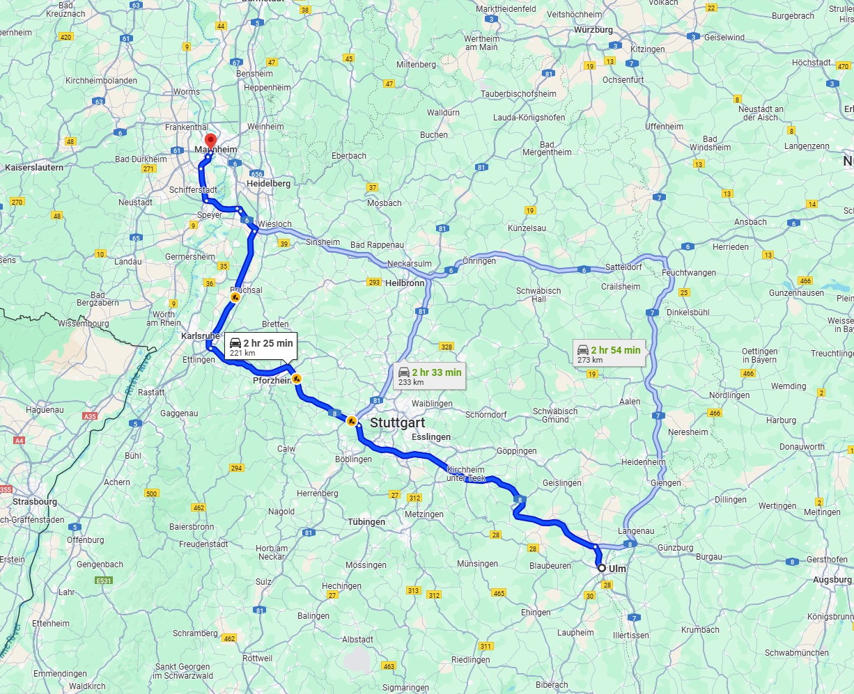Anreise von Ulm Zu Ludwigshafen am Rhein Über via A8