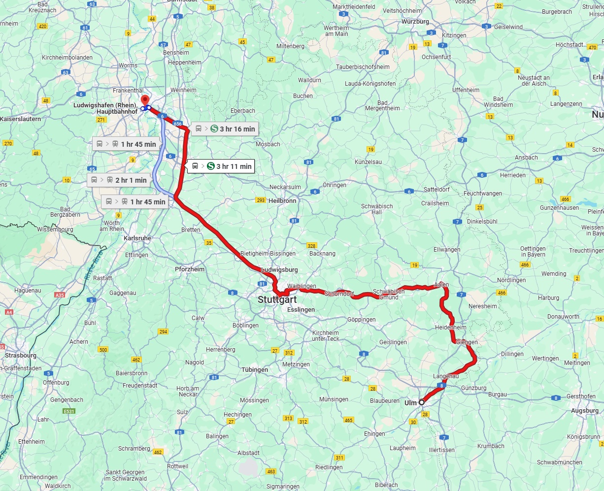 Anreise von Ulm Zu Ludwigshafen am Rhein Über 