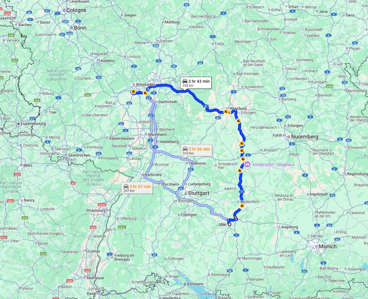Anreise von Ulm Zu Mainz Über via A7 and A3