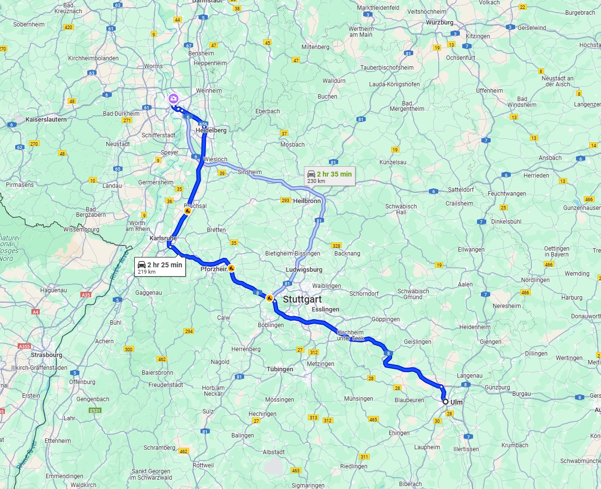Anreise von Ulm Zu Mannheim Über via A8