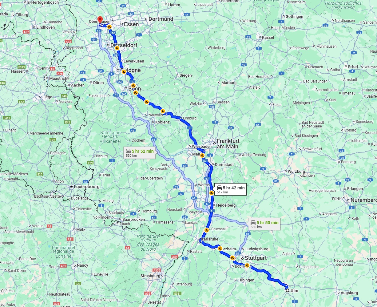 Anreise von Ulm Zu Moers Über via A8 and A3