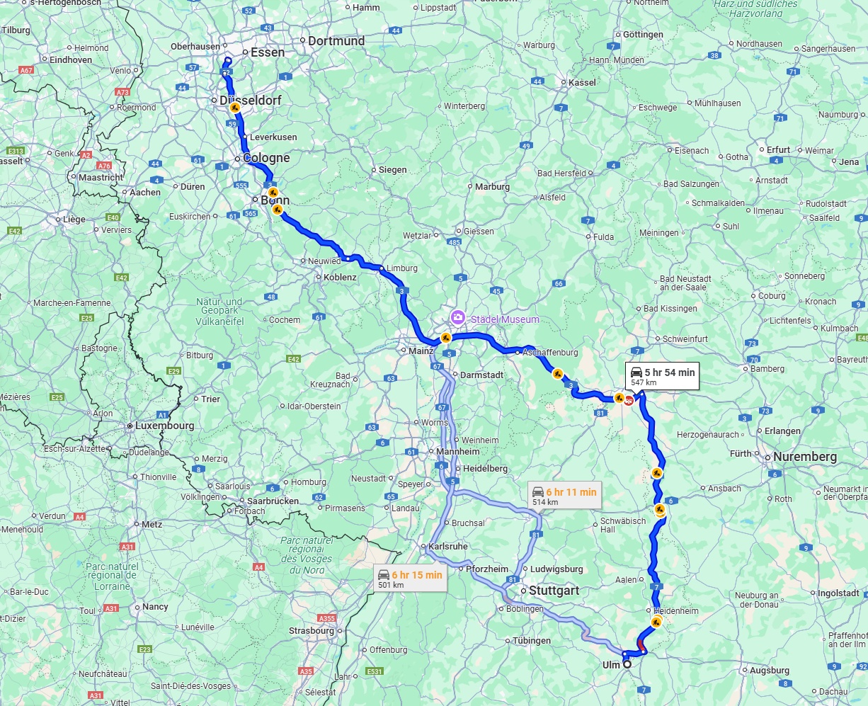 Anreise von Ulm Zu Mülheim an der Ruhr Über via A7 and A3