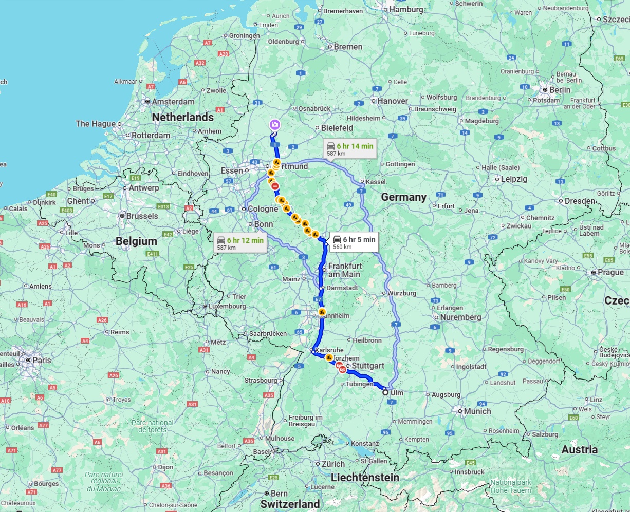 Anreise von Ulm Zu Münster Über via A8, A5 and A45