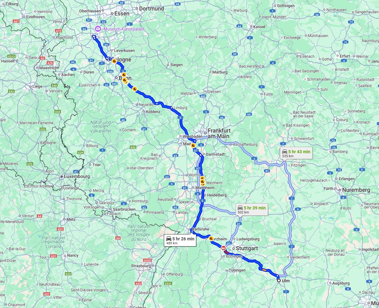 Anreise von Ulm Zu Neuss Über via A8 and A3