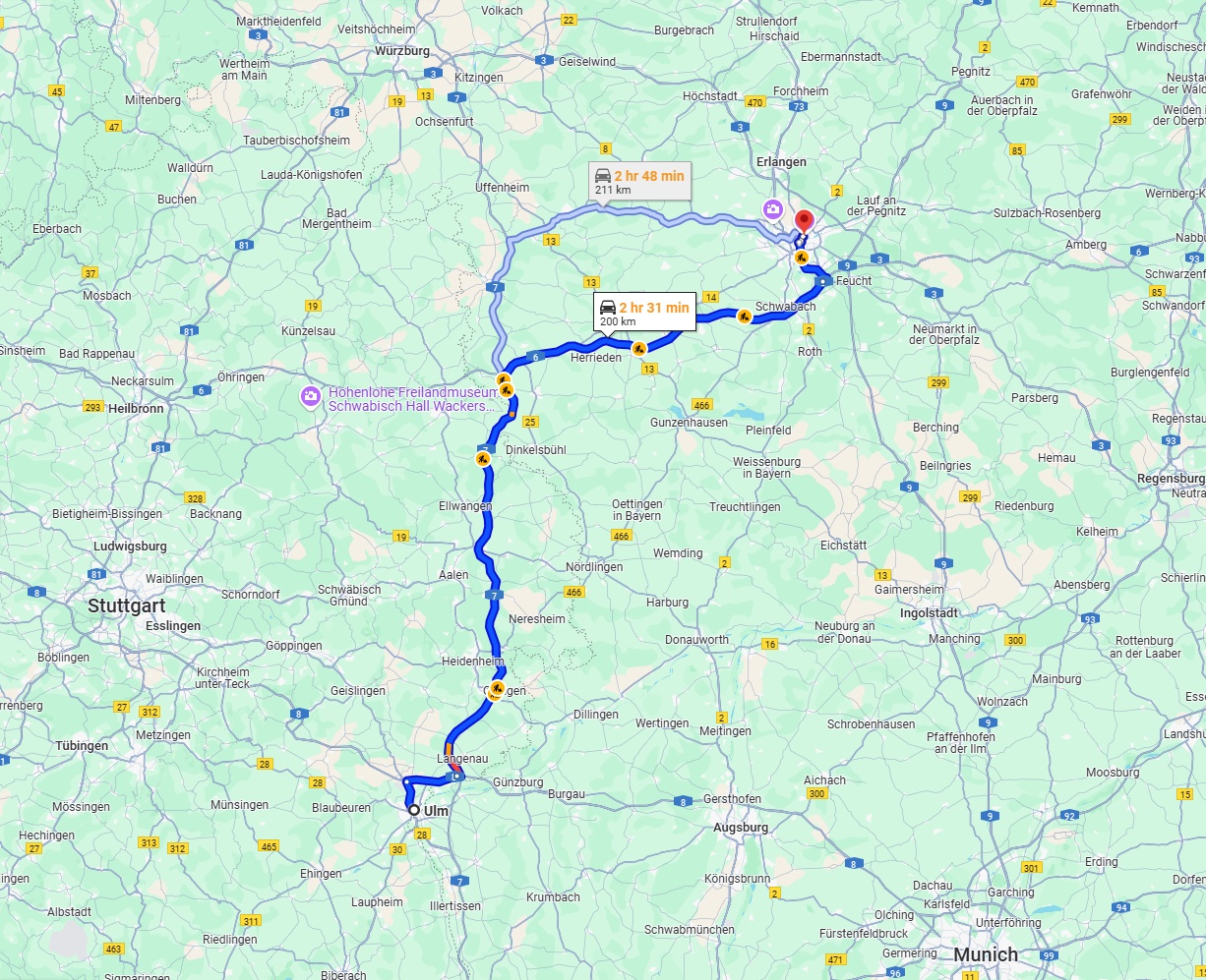 Anreise von Ulm Zu Nürnberg Über via A7 and A6