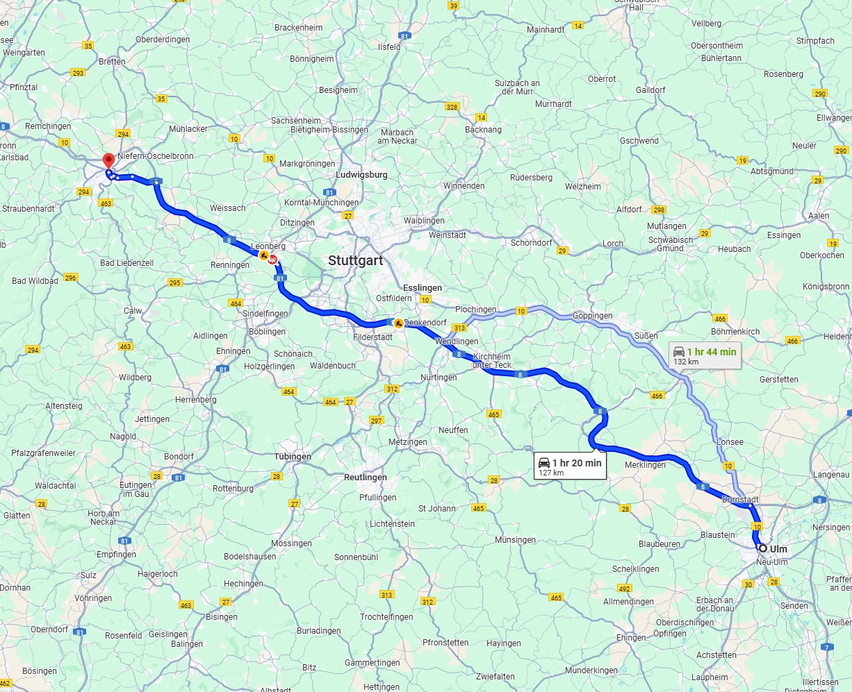 Anreise von Ulm Zu Pforzheim Über via A8