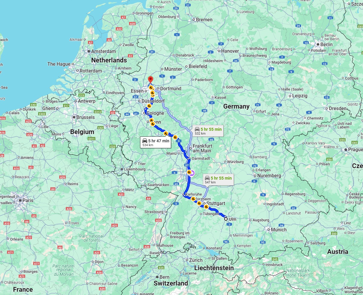 Anreise von Ulm Zu Recklinghausen Über via A8 and A3