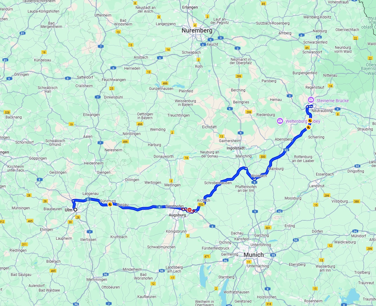 Anreise von Ulm Zu Regensburg Über via A8 and A93