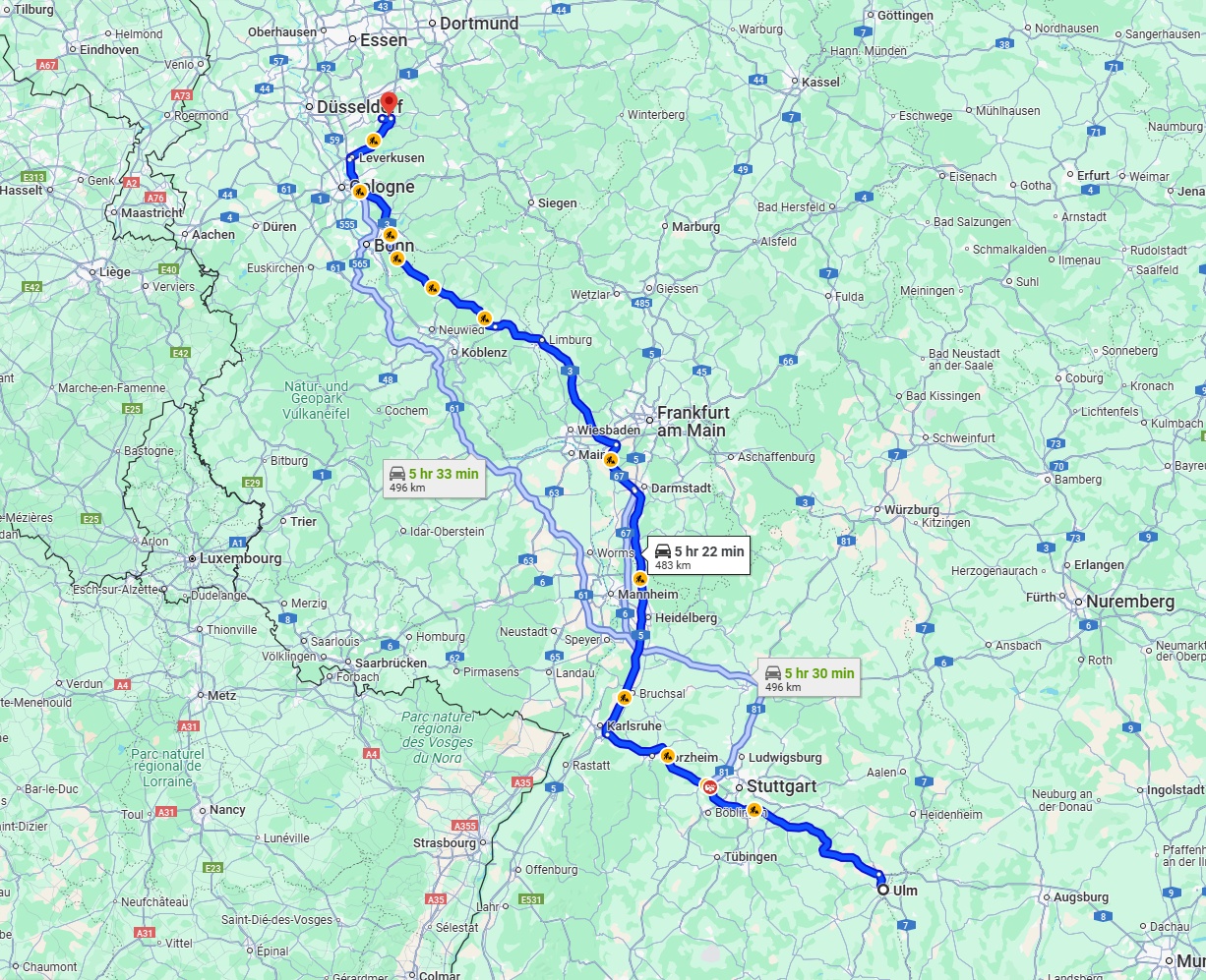 Anreise von Ulm Zu Remscheid Über via A8 and A3