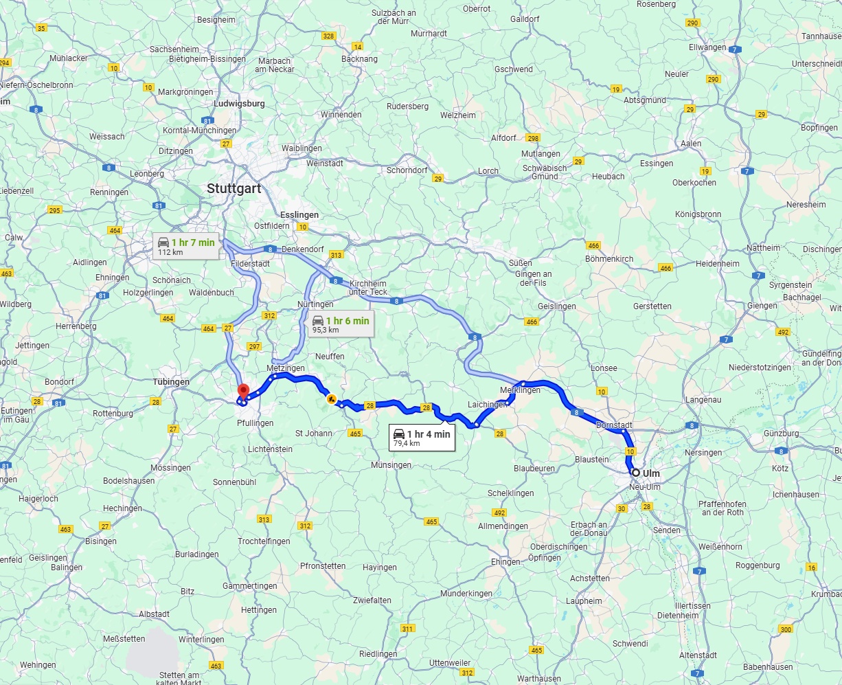Anreise von Ulm Zu Reutlingen Über via B28