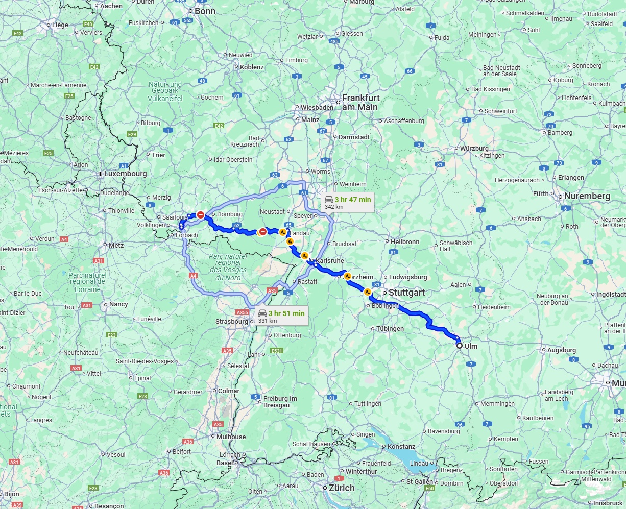 Anreise von Ulm Zu Saarbrücken Über via A8