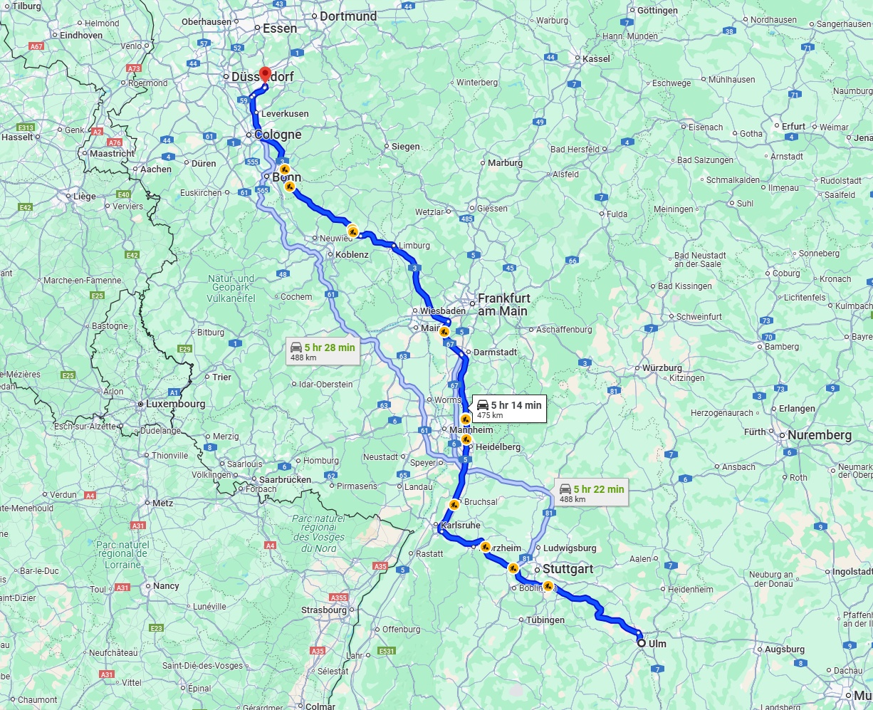 Anreise von Ulm Zu Solingen Über via A8 and A3