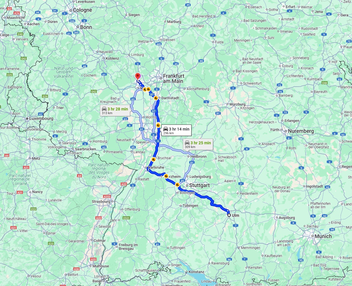 Anreise von Ulm Zu Wiesbaden Über via A8 and A5