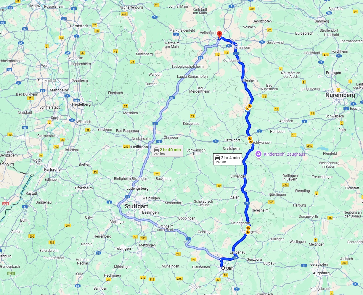 Anreise von Ulm Zu Würzburg Über via A7