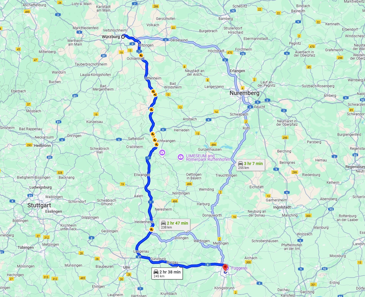 Anreise von Würzburg Zu Augsburg Über via A7 and A8