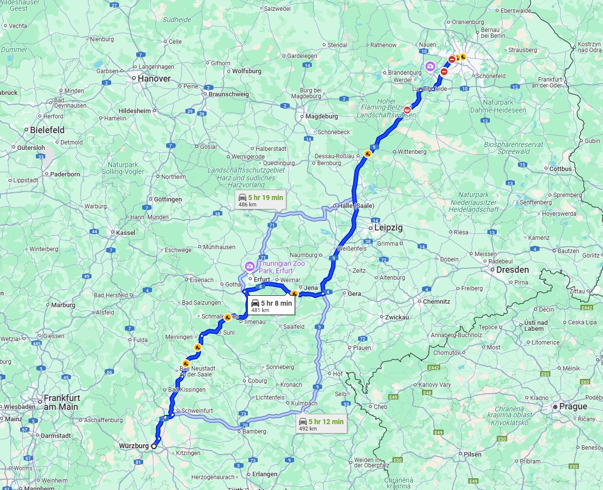 Anreise von Würzburg Zu Berlin Über via A71 and A9