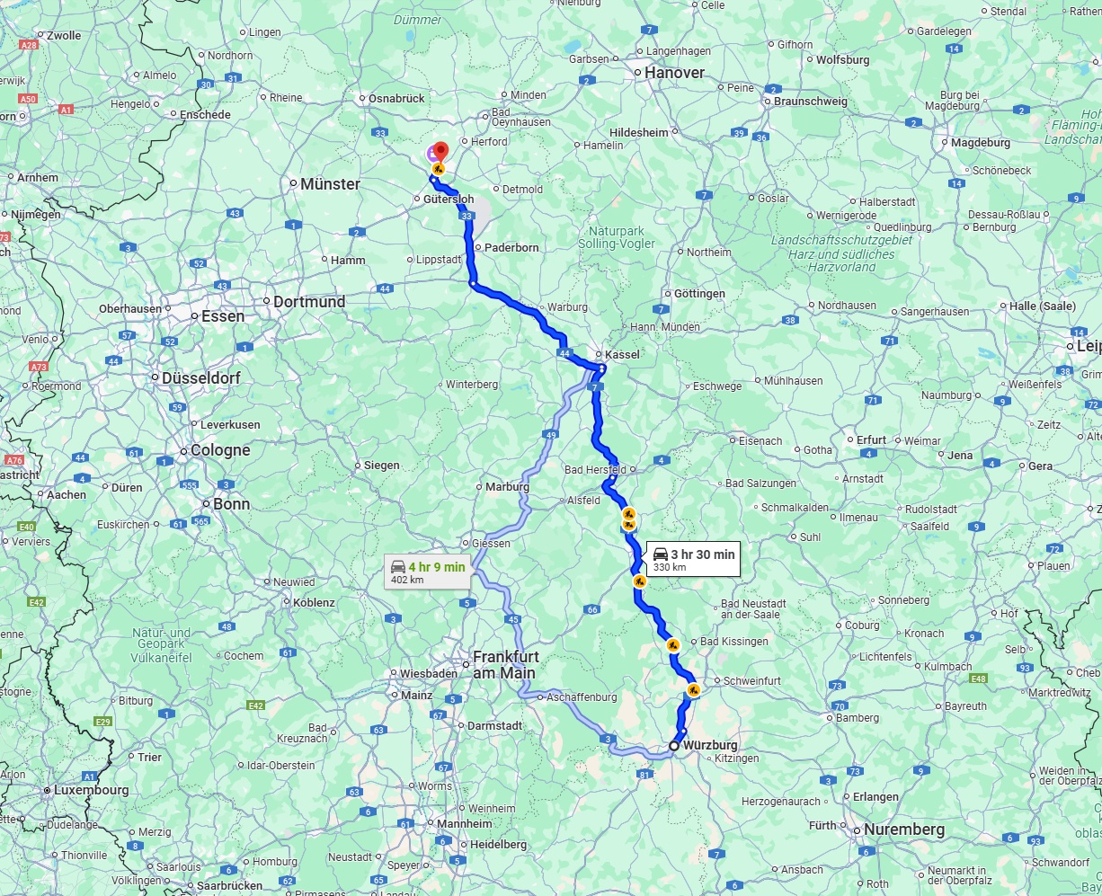 Anreise von Würzburg Zu Bielefeld Über via A7