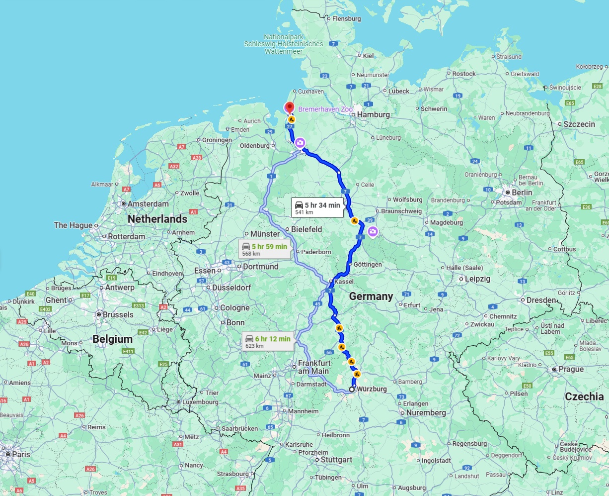 Anreise von Würzburg Zu Bremerhaven Über via A7