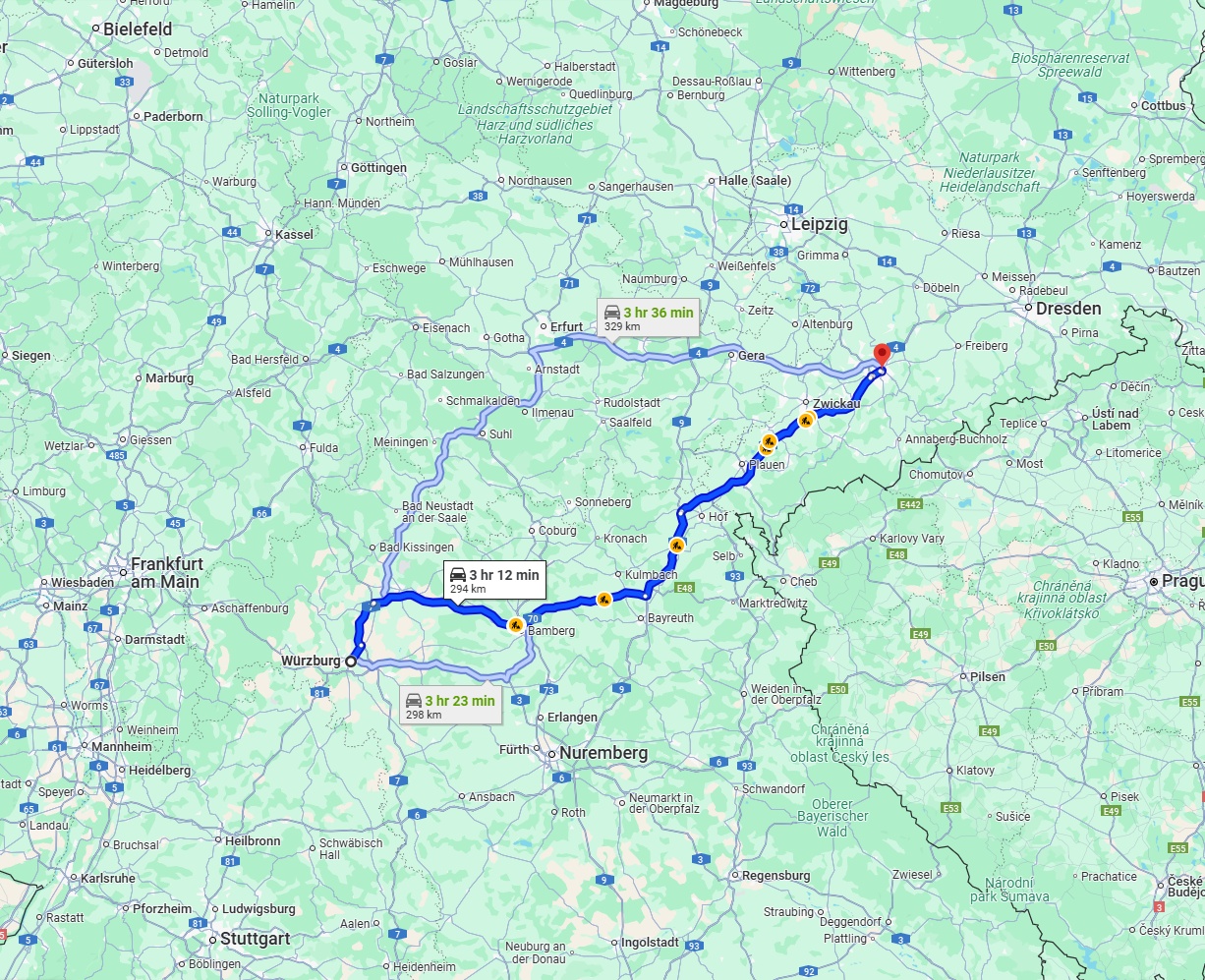 Anreise von Würzburg Zu Chemnitz Über via A70 and A72