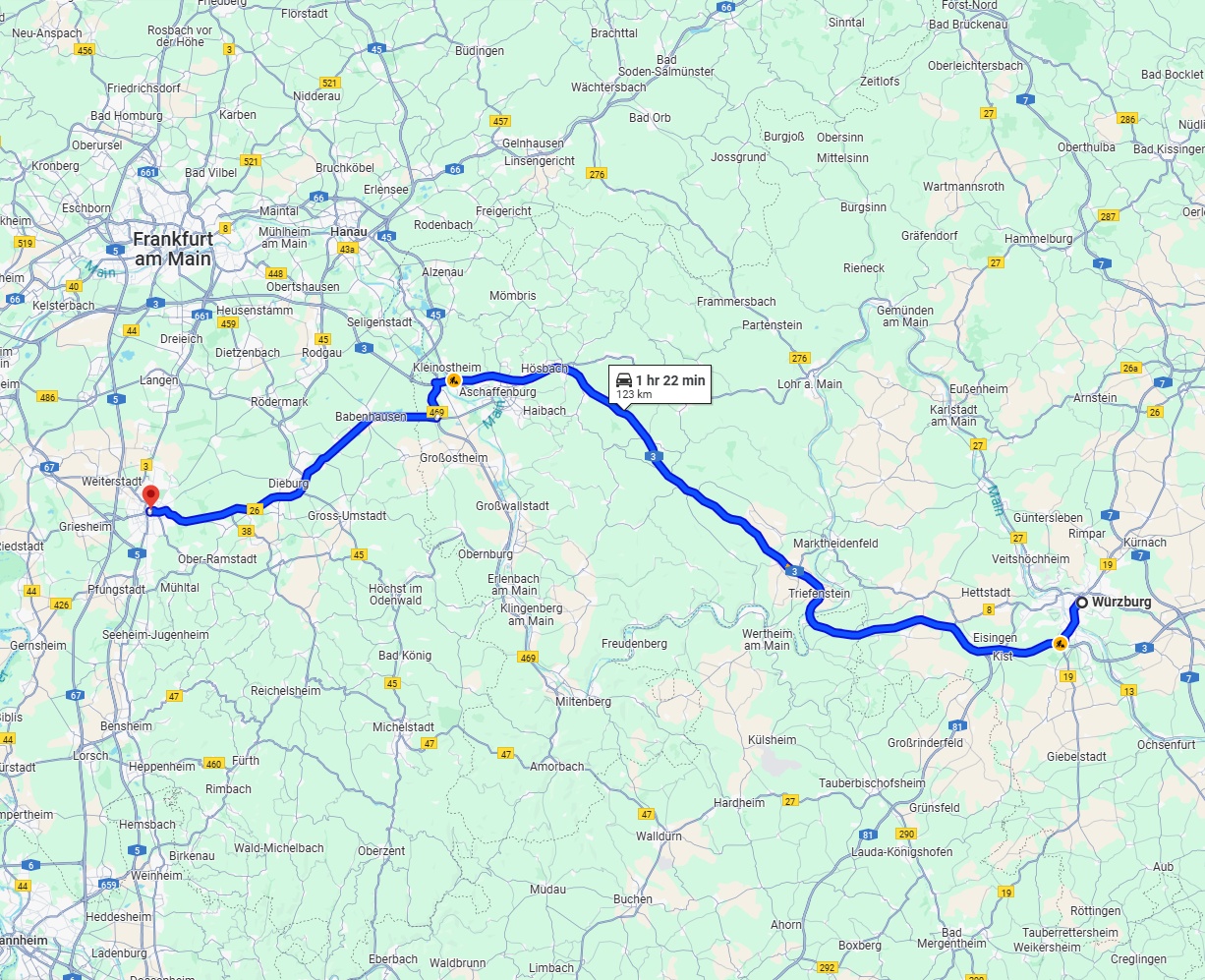 Anreise von Würzburg Zu Darmstadt Über via A3 and B26