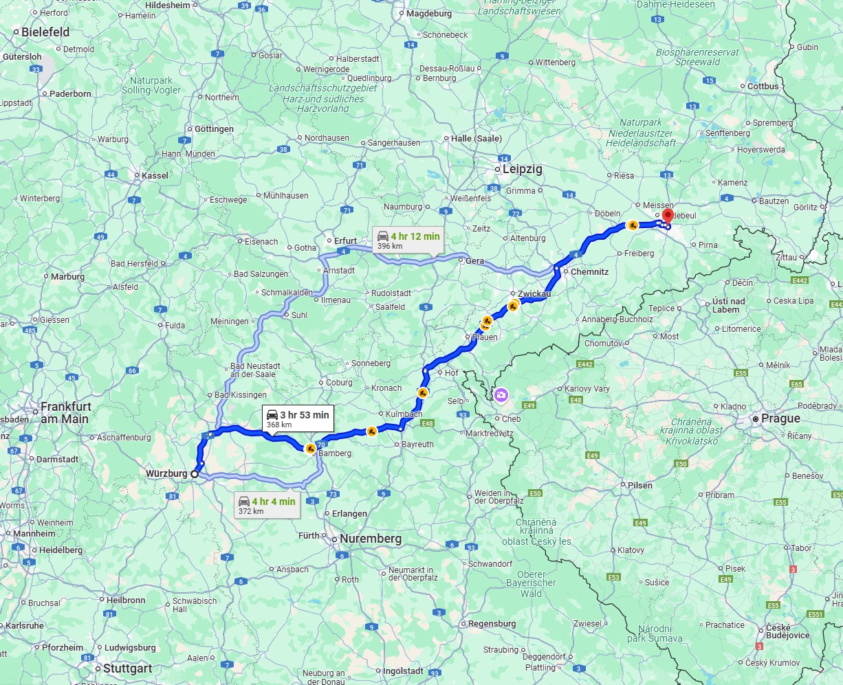 Anreise von Würzburg Zu Dresden Über via A70 and A72