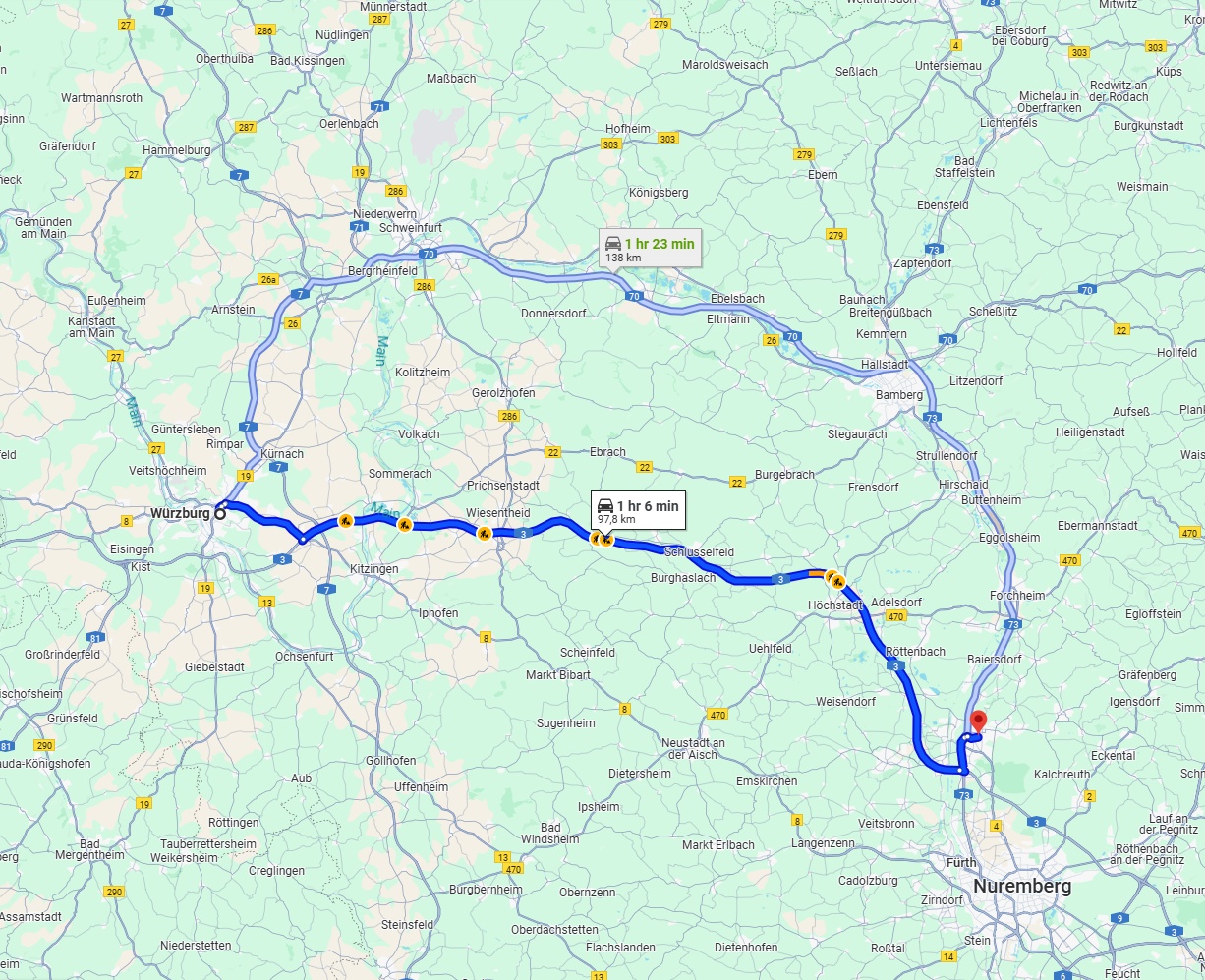 Anreise von Würzburg Zu Erlangen Über via A3