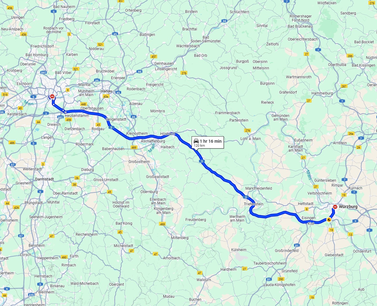 Anreise von Würzburg Zu Frankfurt am Main Über via A3