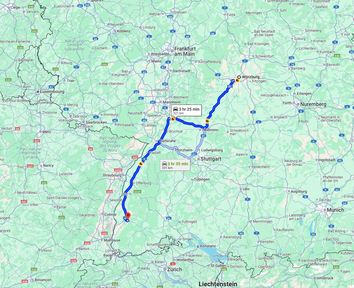 Anreise von Würzburg Zu Freiburg im Breisgau Über via A81 and A5