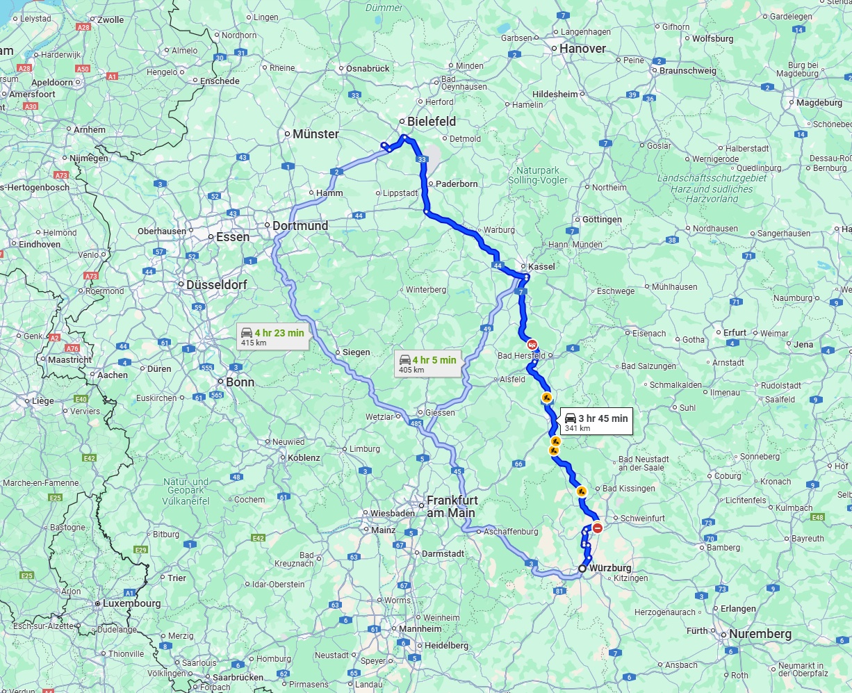 Anreise von Würzburg Zu Gütersloh Über via A7