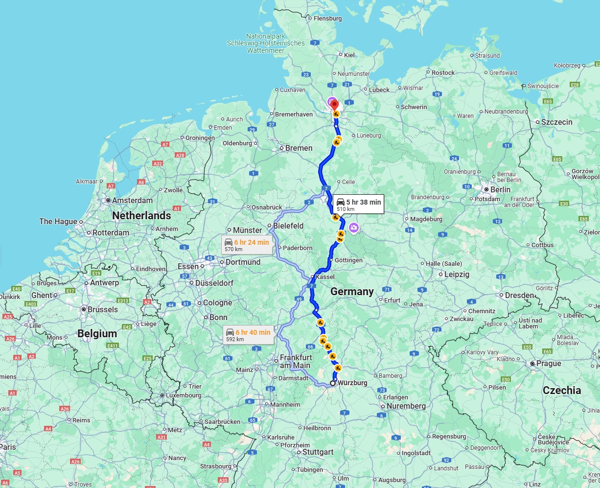 Anreise von Würzburg Zu Hamburg Über via A7