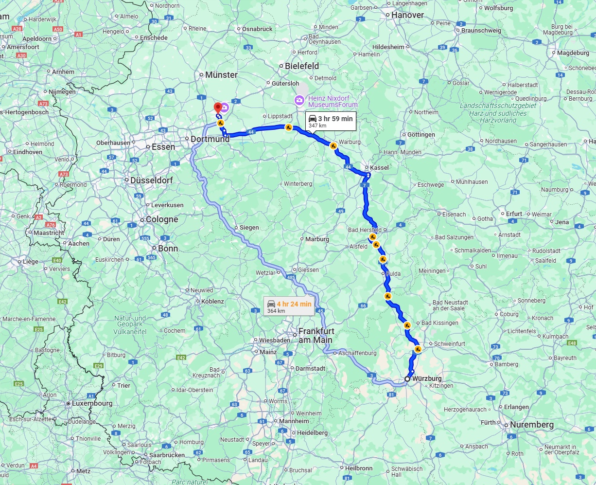 Anreise von Würzburg Zu Hamm Über via A7 and A44