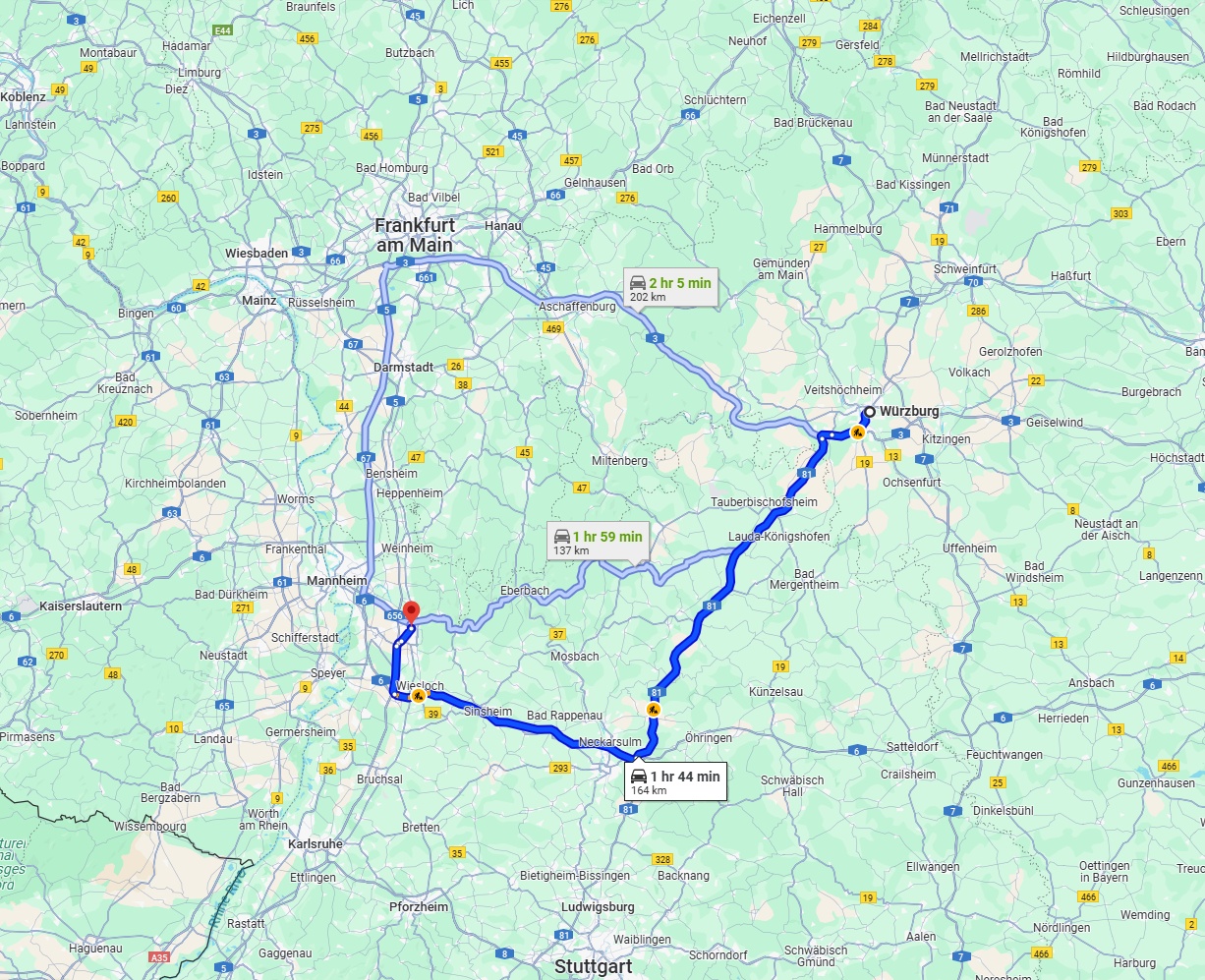 Anreise von Würzburg Zu Heidelberg Über via A81 and A6