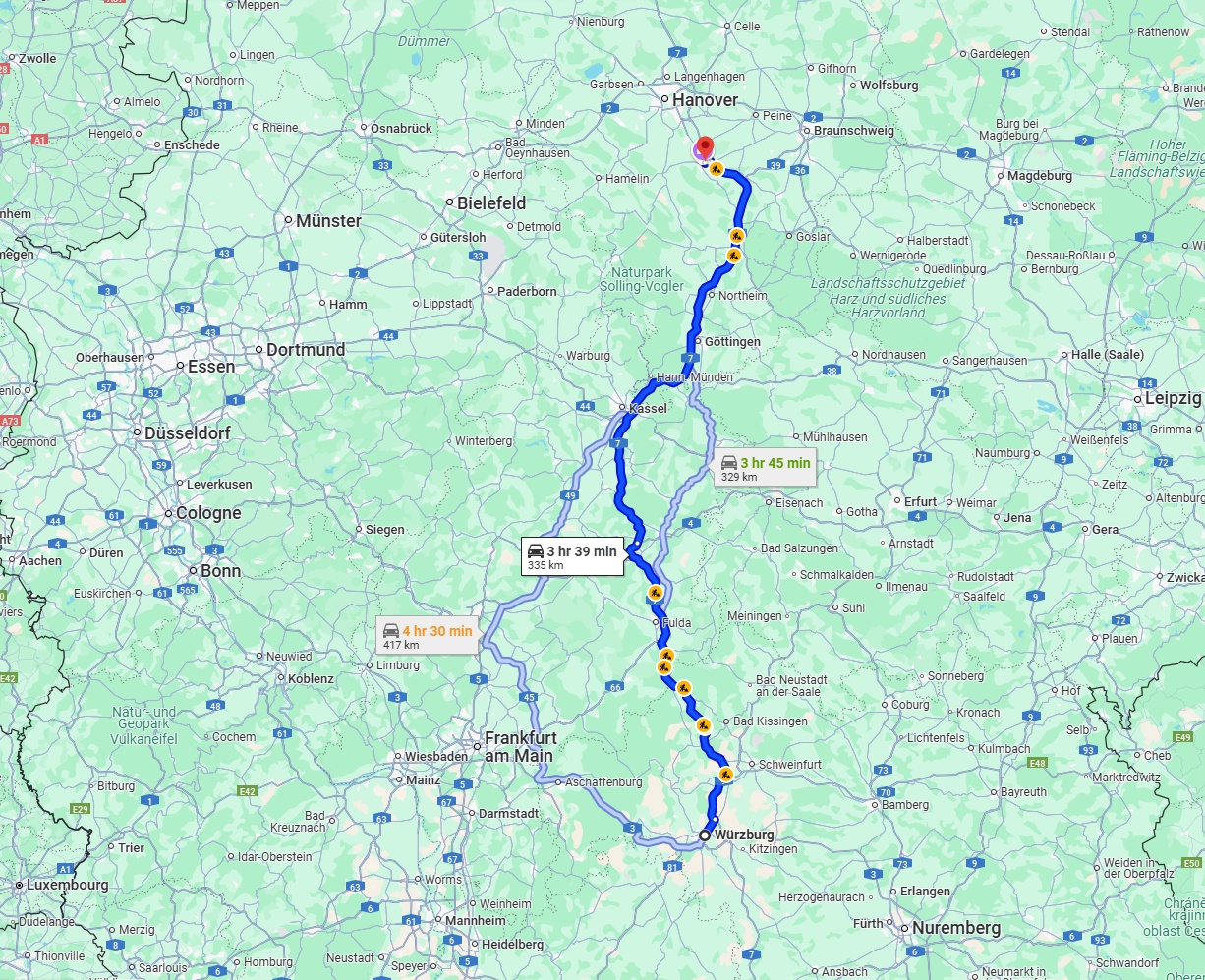 Anreise von Würzburg Zu Hildesheim Über via A7