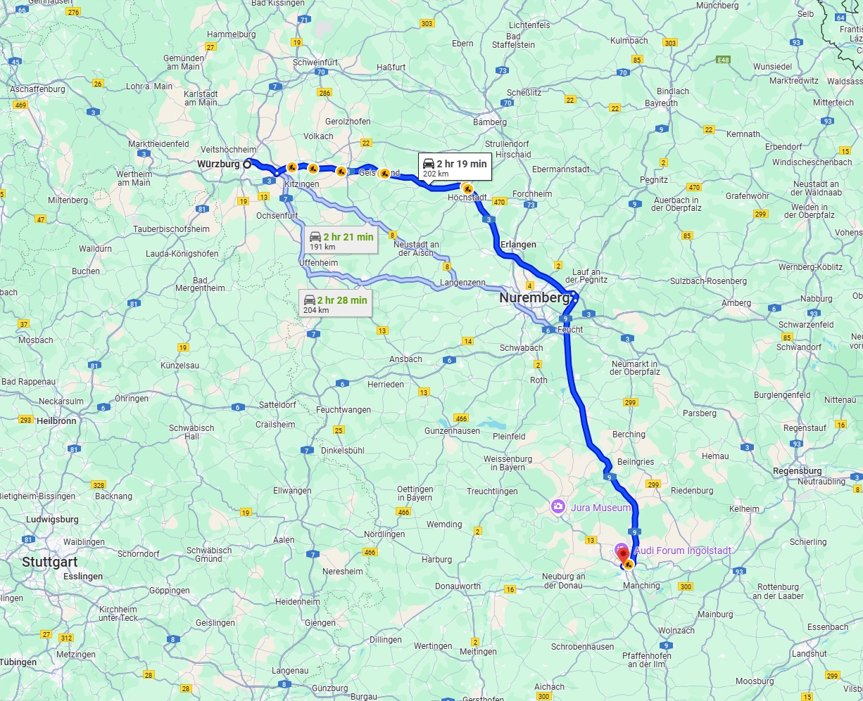 Anreise von Würzburg Zu Ingolstadt Über via A3 and A9