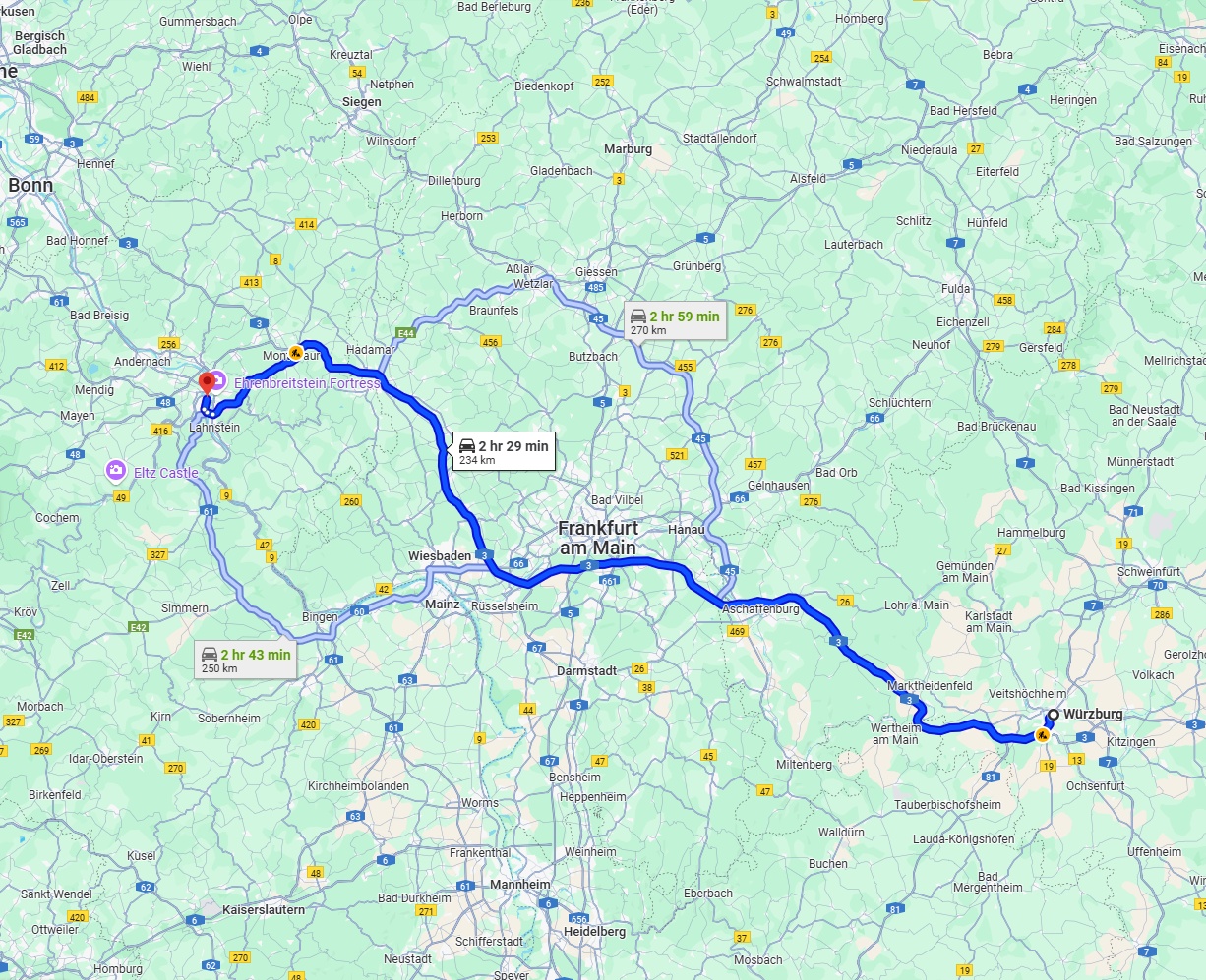 Anreise von Würzburg Zu Koblenz Über via A3