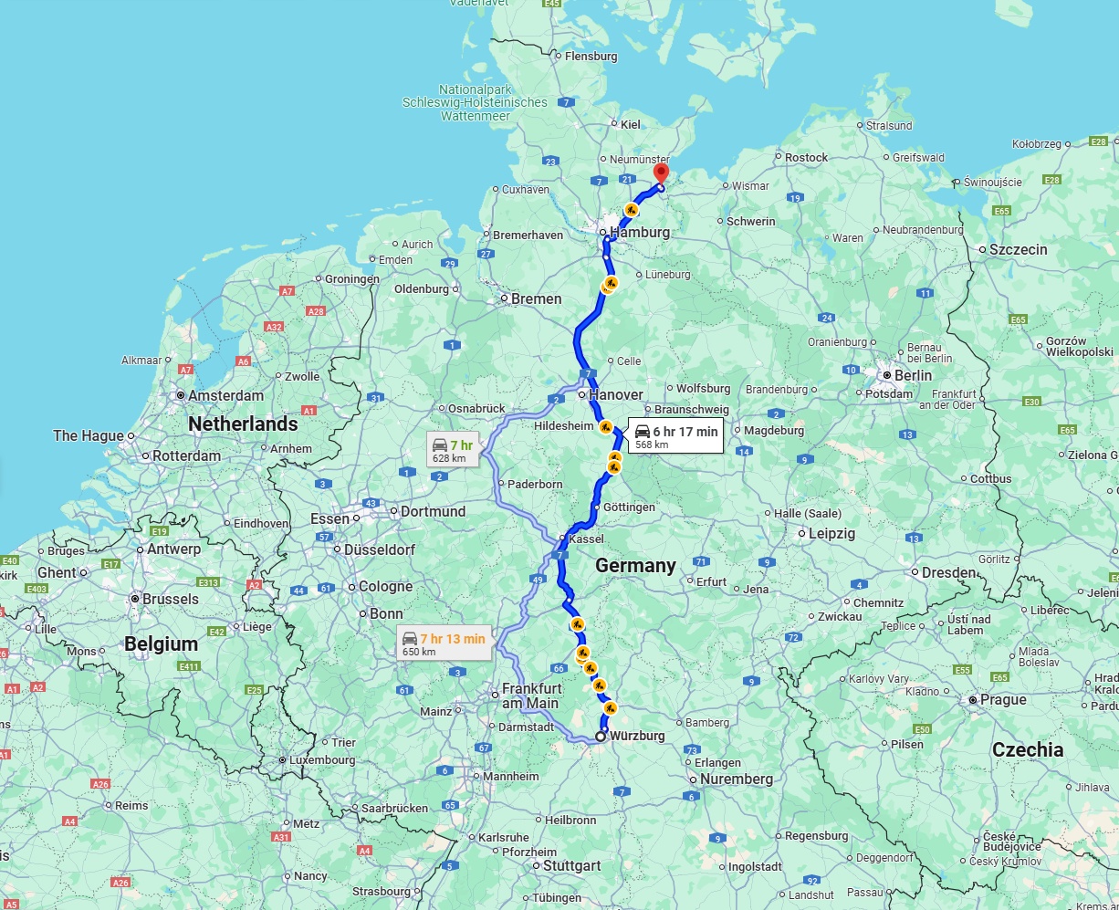 Anreise von Würzburg Zu Lübeck Über via A7