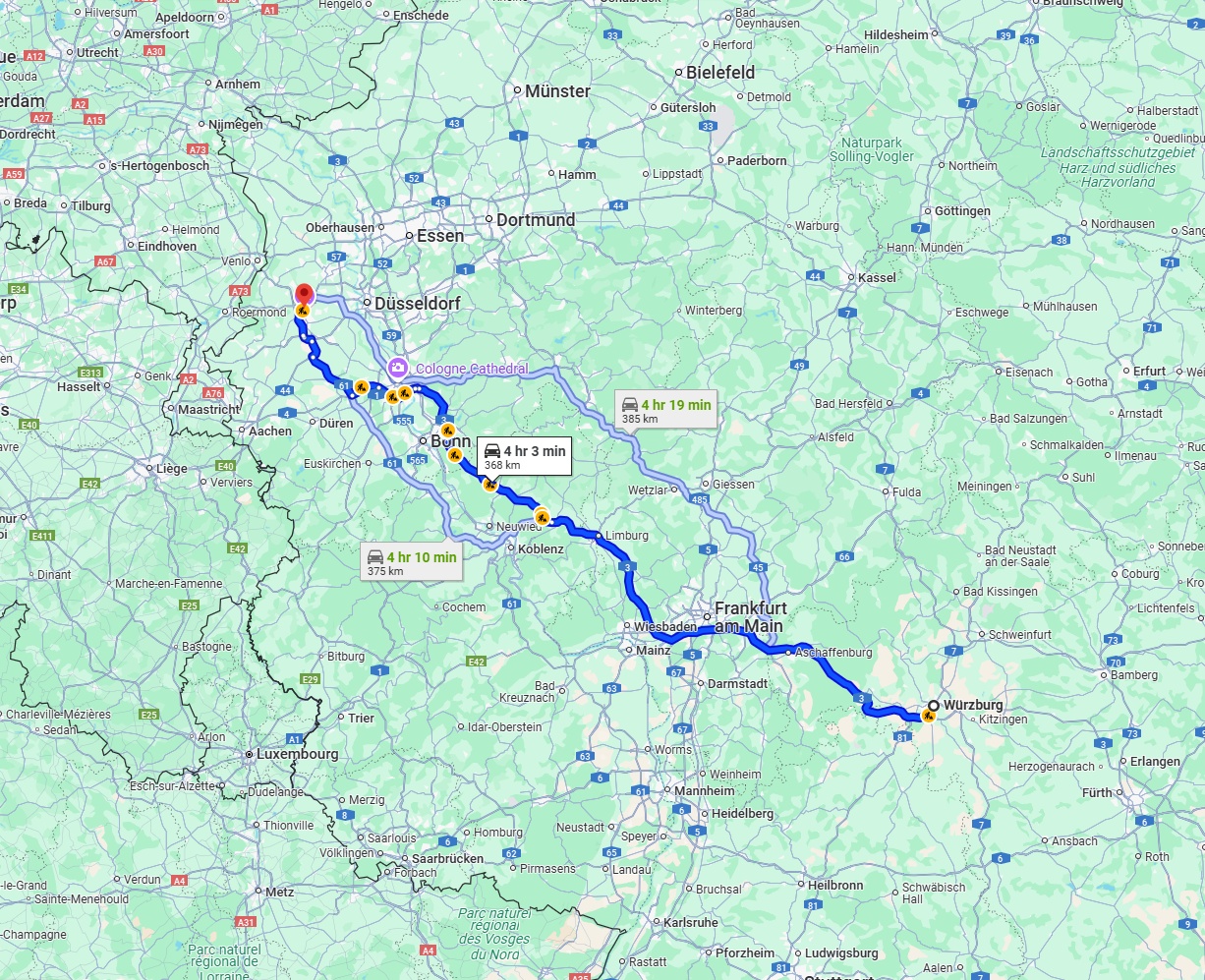Anreise von Würzburg Zu Mönchengladbach Über via A3