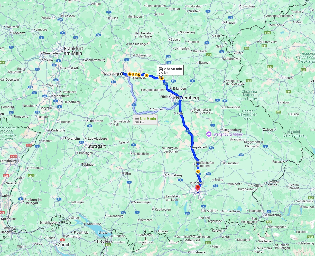 Anreise von Würzburg Zu München Über via A3 and A9