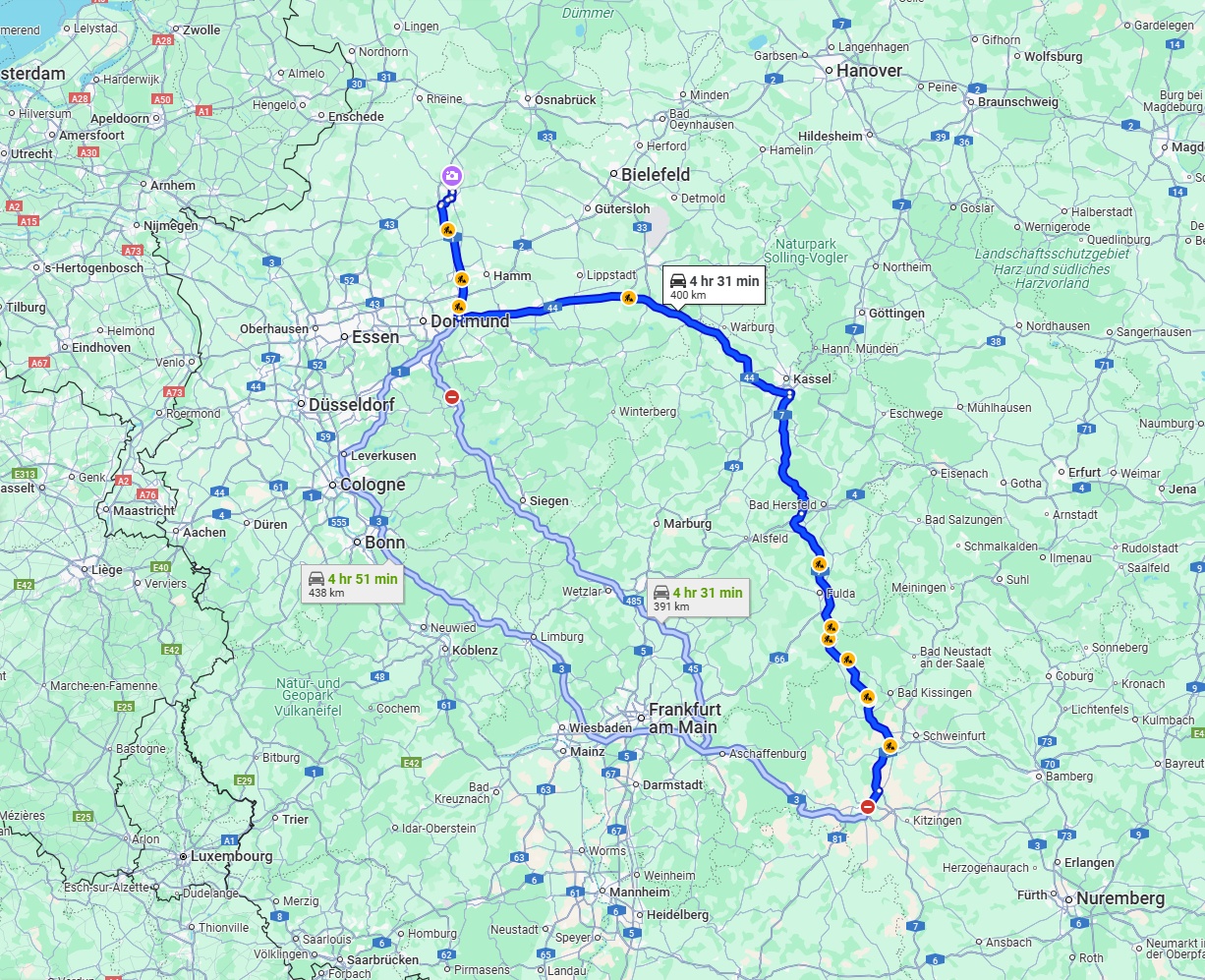 Anreise von Würzburg Zu Münster Über via A7 and A44