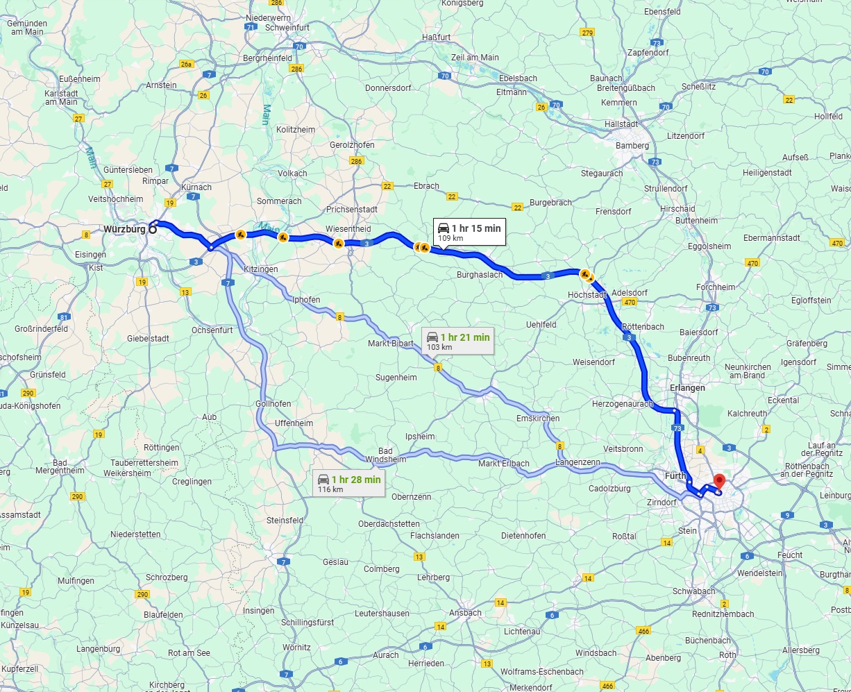 Anreise von Würzburg Zu Nürnberg Über via A3