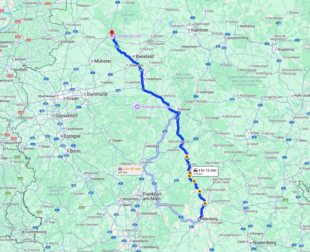 Anreise von Würzburg Zu Osnabrück Über via A7 and A33