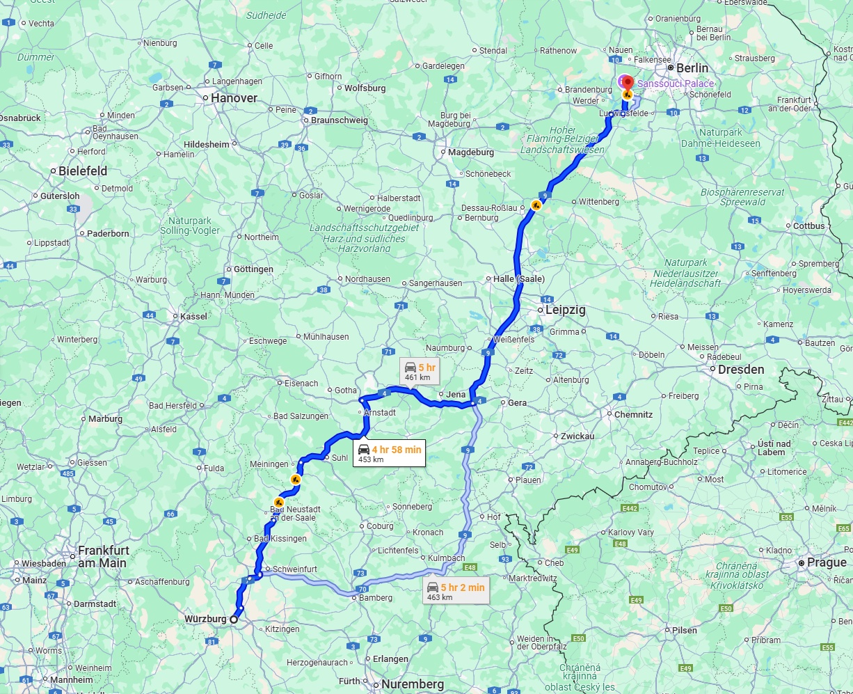 Anreise von Würzburg Zu Potsdam Über via A71 and A9