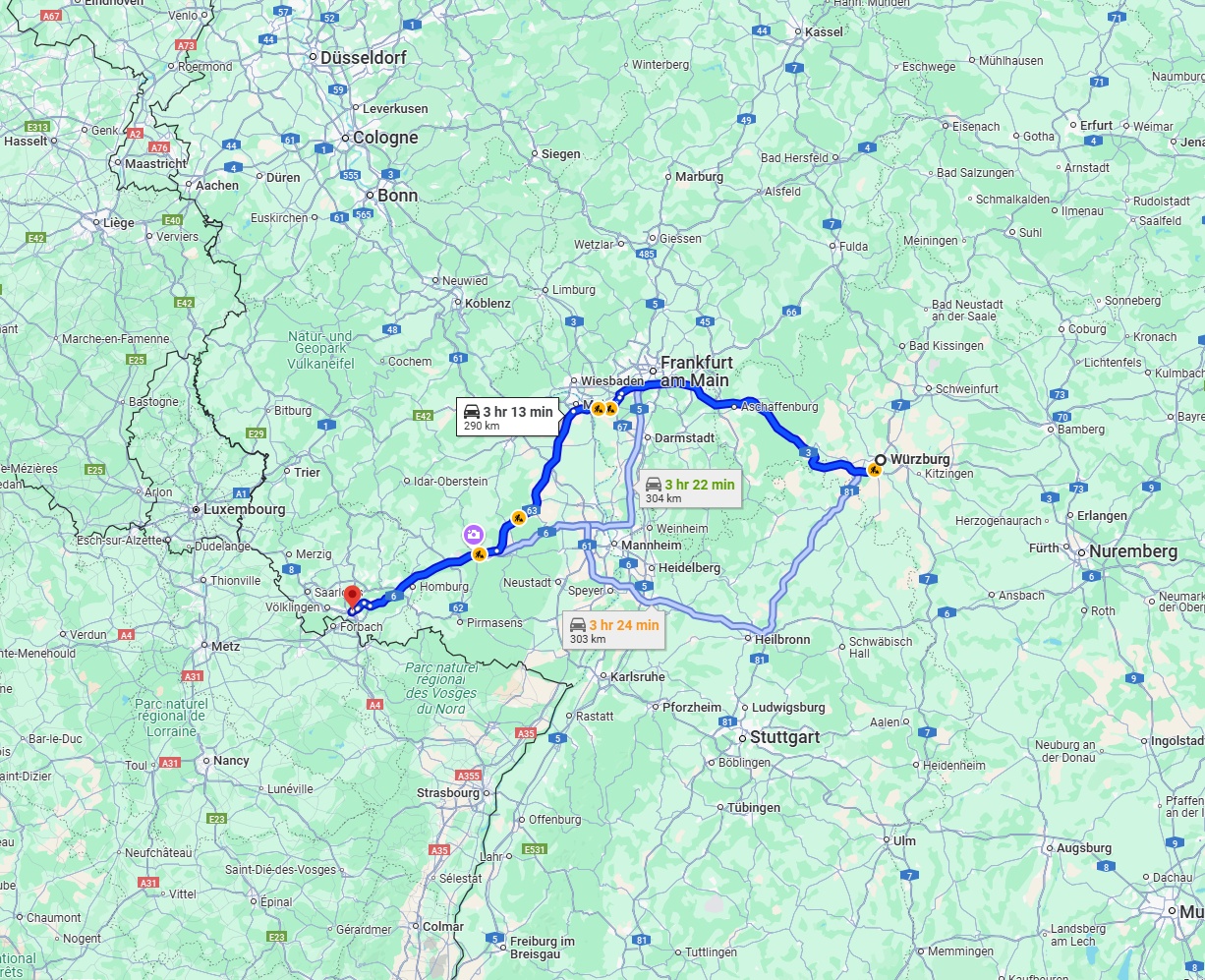 Anreise von Würzburg Zu Saarbrücken Über via A3