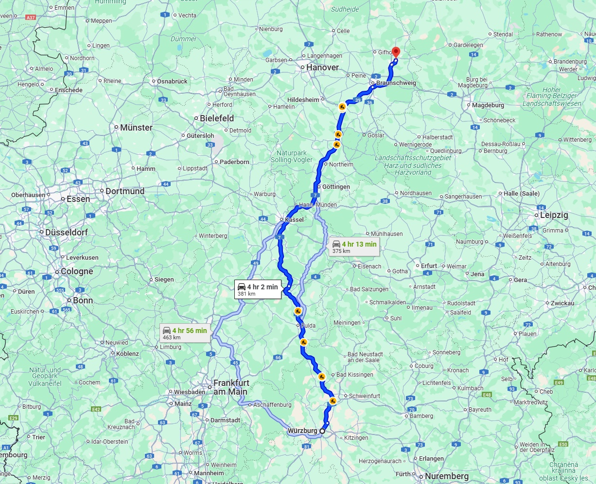 Anreise von Würzburg Zu Wolfsburg Über via A7
