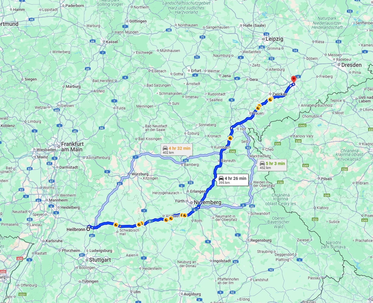Anreise von Heilbronn Zu Chemnitz Über via A6, A9 and A72