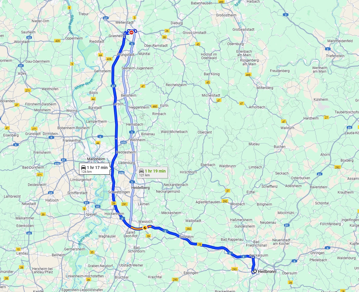 Anreise von Heilbronn Zu Darmstadt Über via A6 and A67
