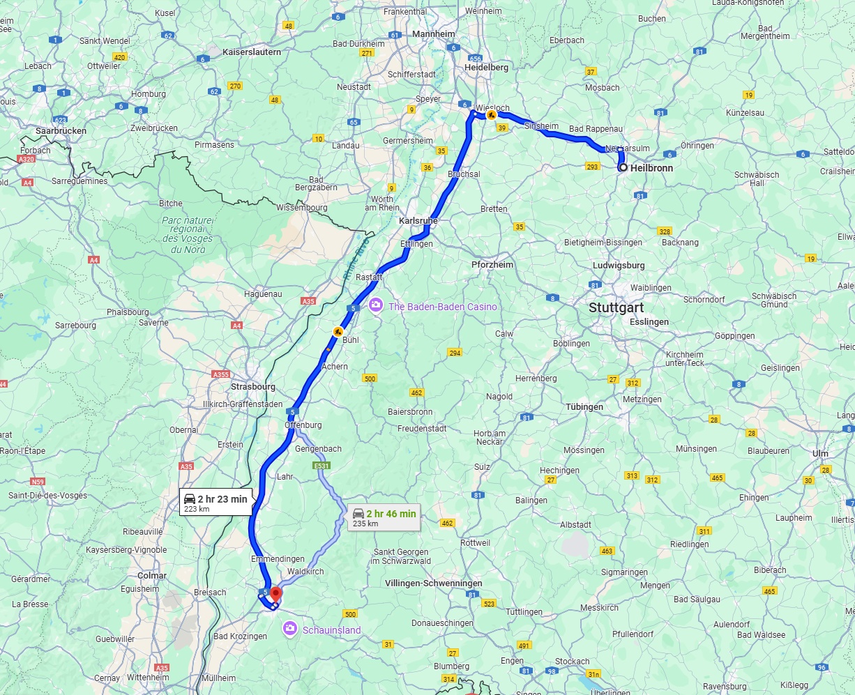 Anreise von Heilbronn Zu Freiburg im Breisgau Über via A5